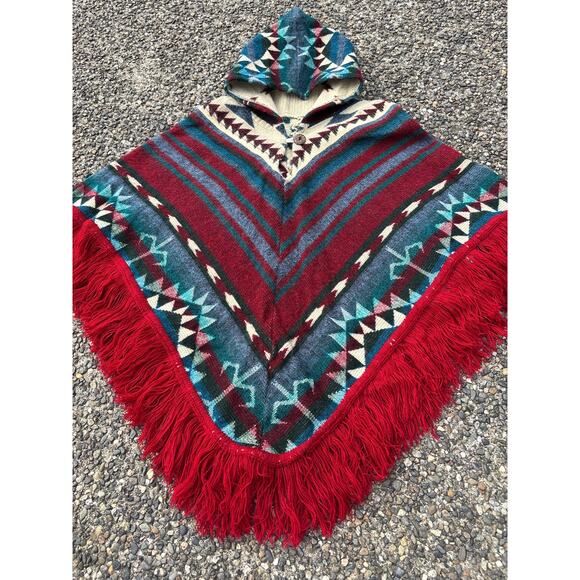 Boho native Aztec poncho youth, blue green, red fringe - Picture 2 of 5